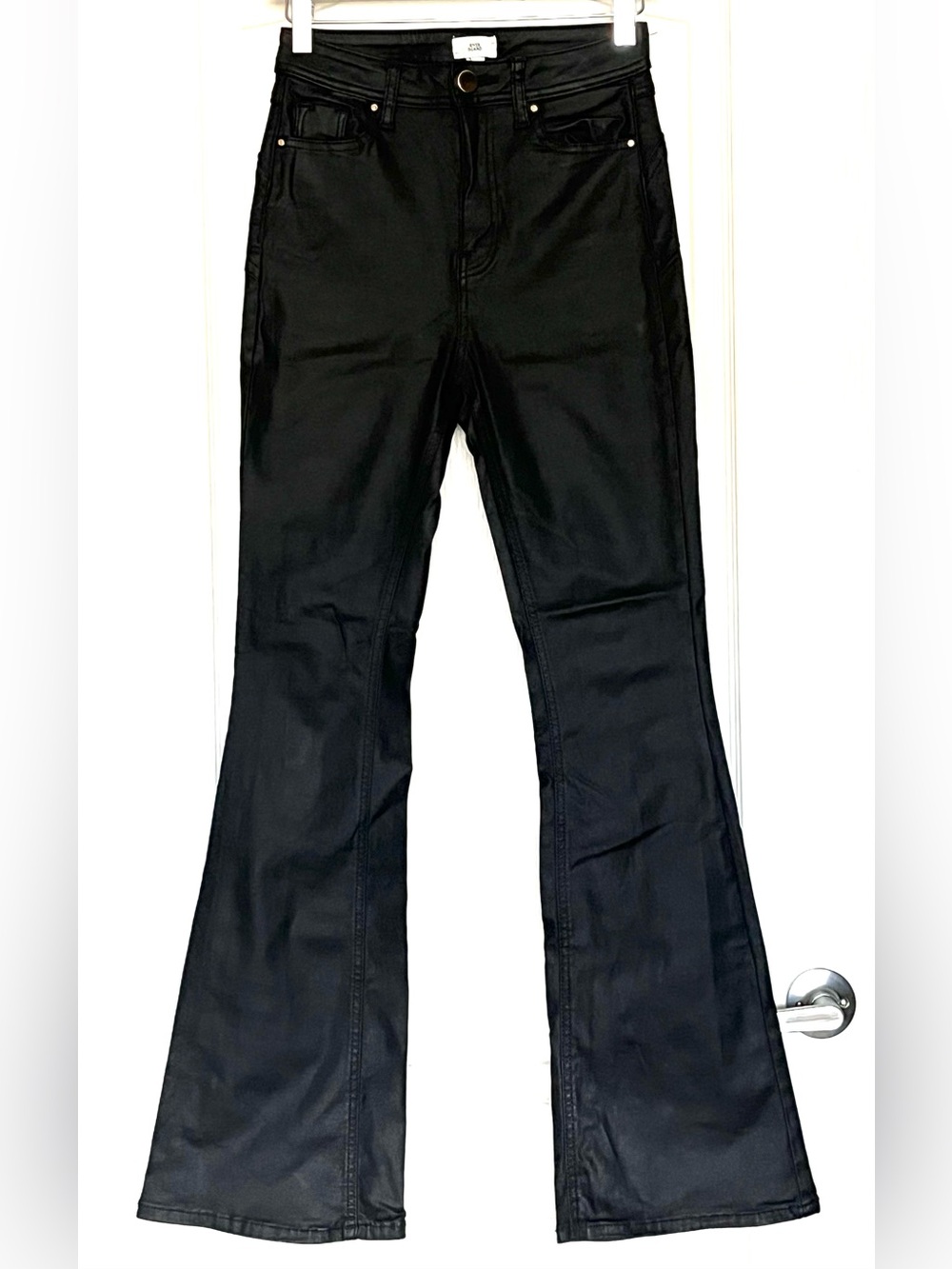 River Island Black Coated Faux Leather Flare Jeans High Rise 4R Edgy Moto Biker